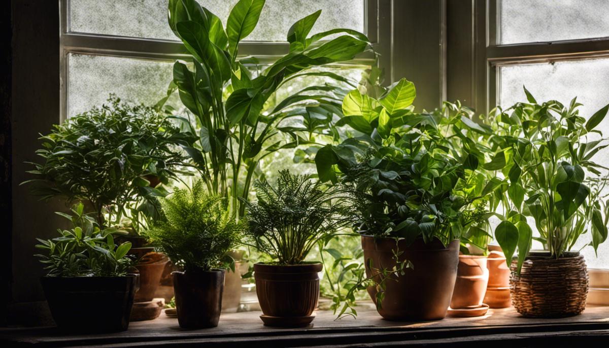 Image of various plants thriving in a north-facing window, demonstrating their resilience to low light conditions.