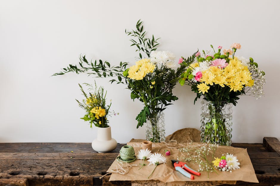 A collection of tools for pruning roses, including bypass pruners, lopping shears, a pruning saw, gloves, safety goggles, a gardener's apron, kneepads, a sharpener, and a sprayer filled with a bleach solution.