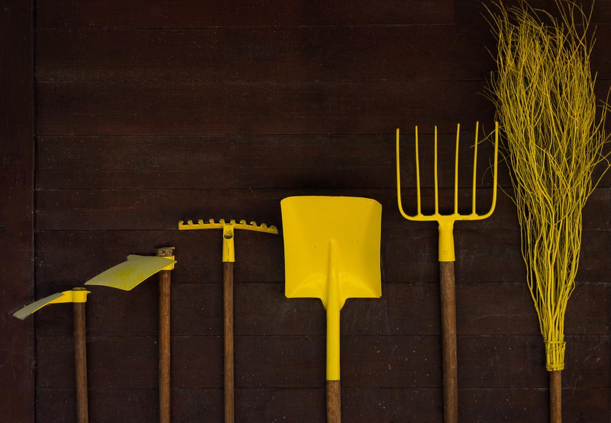 A diverse collection of gardening tools arranged neatly on a wooden table.